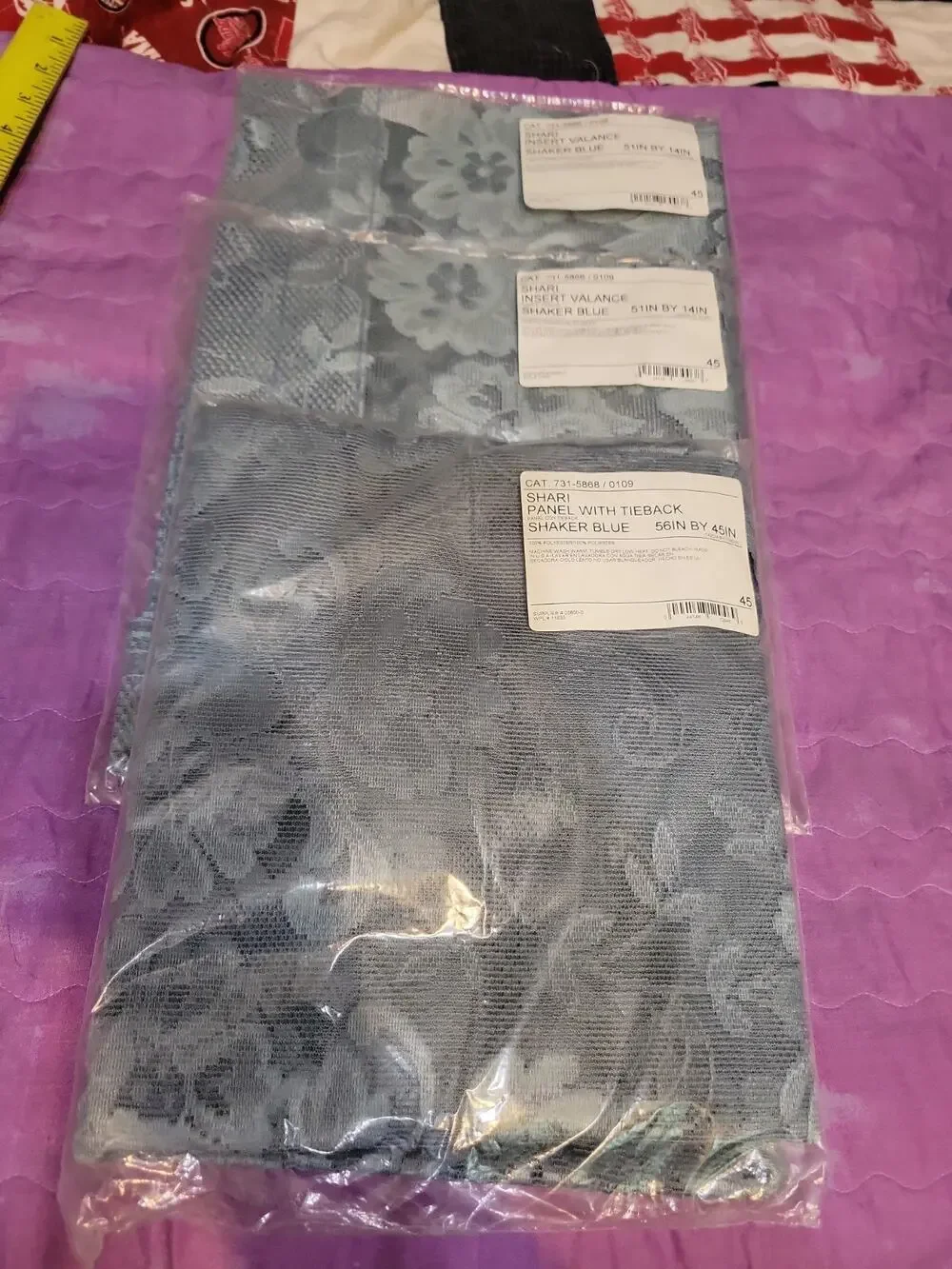 Shari Shaker Blue Panel & 2 Insert Valance Lace Style New Window Curtains